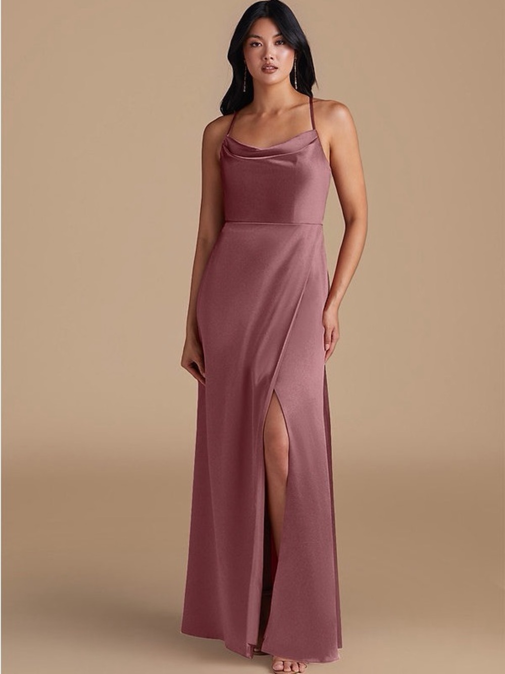 Azazie Naomie Vintage Mauve Stretch Satin Cowl Neck Maxi Dress with Slit